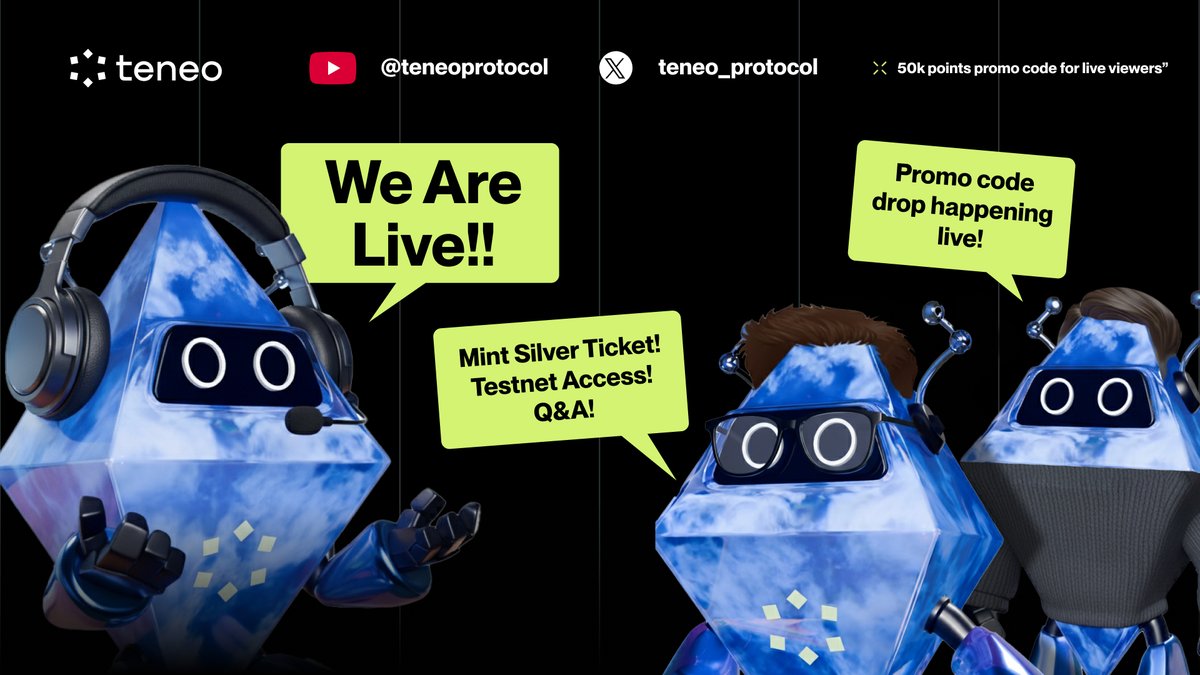 teneo_protocol's tweet photo. 🚨𝗡𝗼𝘄 𝗼𝗻-𝗮𝗶𝗿. 𝗧𝘂𝗻𝗲 𝗜𝗻!

Join our founders in Teneo Protocol's first ever livestream.
Learn how to mint the Silver Ticket (free; gas only) and enter the testnet.
🎁 Promo code drop coming live.

🎥 Watch & join:
X → https://t.co/roPd2OOnEz
YouTube → https://t.co/R48BSxuK0O