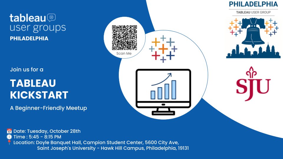 Philly #DataFam — our 2nd Tableau User Group meetup is here! 🎉

Designed for beginners + students, with alumni &amp; student speakers sharing their Tableau journeys.

All are welcome! 🙌
RSVP 👉 usergroups.tableau.com/events/details…

#PhillyTUG #DataViz #Tableau