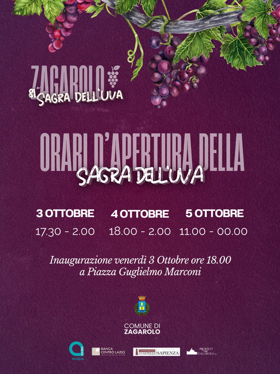 81ª SAGRA DELL'UVA DI ZAGAROLO - 3, 4 E 5 OTTOBRE
Info: comune.zagarolo.rm.it/novita/81a-sag…