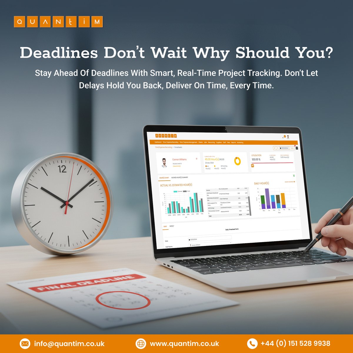 quantimtech's tweet image. Deadlines don’t wait – and neither should you. ⏰
With Quantim’s real-time project tracking, stay ahead of schedule, cut delays, and deliver on time, every time.
Start managing smarter 👉 quantim.co.uk
#ProjectManagement #Productivity #TimeTracking #BusinessGrowth