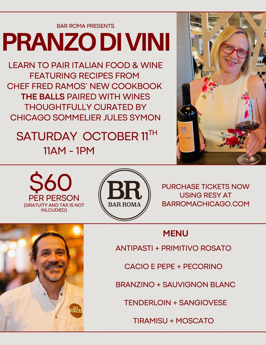 Join us on Saturday, October 11 for a five-course Italian #wine luncheon! Chef Fred Ramos will feature delicious dishes from his #cookbook, paired perfectly with wines curated by Certified Sommelier Jules Symon. Reserve your seat today! 🥂 resy.com/cities/chicago…