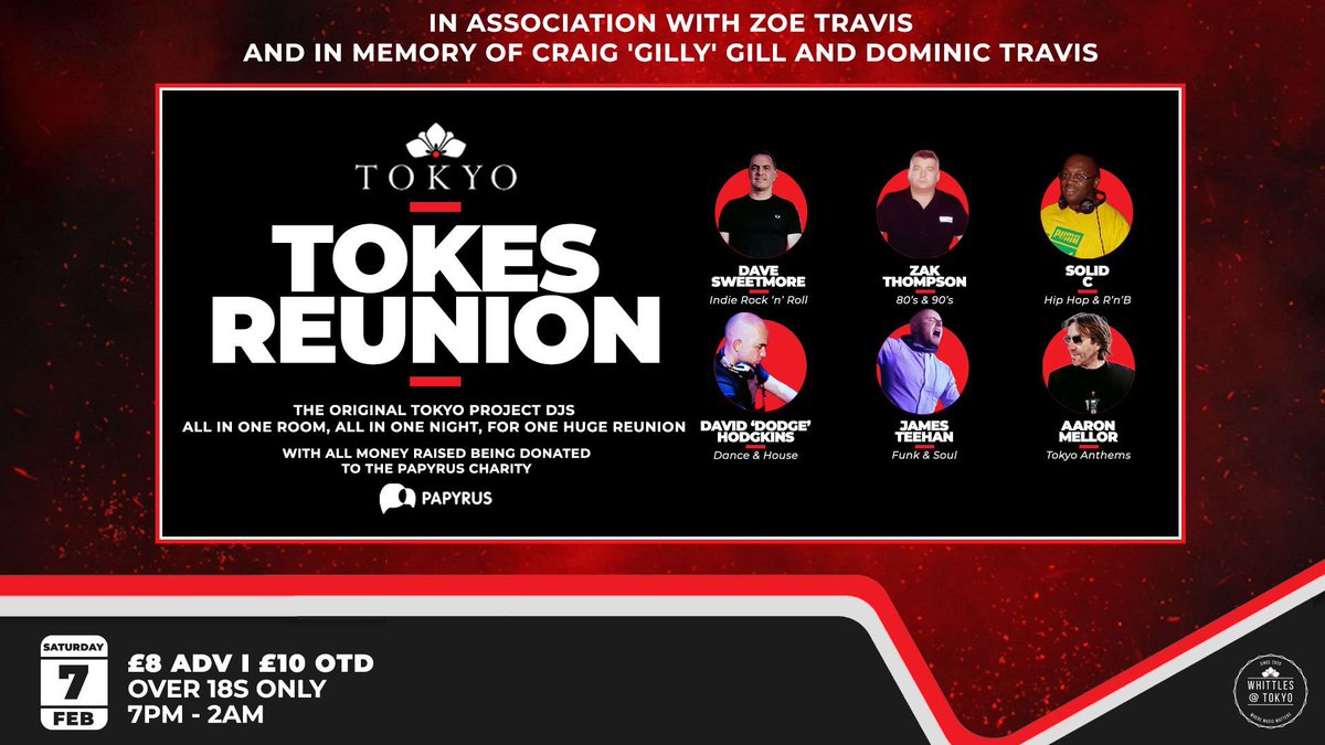 OLDHAM! ❤️ 10 Years since closing its doors, we are hosting the ‘Tokes Reunion’ with all original DJs on Sat 7th Feb at the original venue (now <a href="/whittlesoldham/">Whittles Live Venue</a>). Advance tickets are £8 and available now from eventbrite.co.uk/e/tokes-reunio…
All money raised donated to <a href="/PAPYRUS_Charity/">PAPYRUS</a>