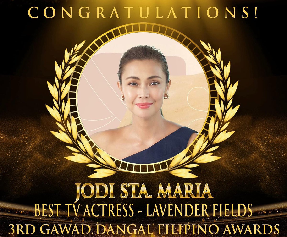 Singles for JODI (@singlesforjodi) on Twitter photo Always making us proud!❤️❤️❤️
Ms. Jodi Sta. Maria wins Best Actress for Television for Lavender Fields at the 3rd Gawad Dangal Filipino Awards. Congratulations, Ate <a href="/JodiStaMaria/">Jodi Sta.Maria</a> !🥳🎉✨
©️ Gawad Dangal Filipino Awards FB
#JodiStaMaria #3rdGawalDangalFilipinoAwards Always making us proud!❤️❤️❤️
Ms. Jodi Sta. Maria wins Best Actress for Television for Lavender Fields at the 3rd Gawad Dangal Filipino Awards. Congratulations, Ate <a href="/JodiStaMaria/">Jodi Sta.Maria</a> !🥳🎉✨
©️ Gawad Dangal Filipino Awards FB
#JodiStaMaria #3rdGawalDangalFilipinoAwards