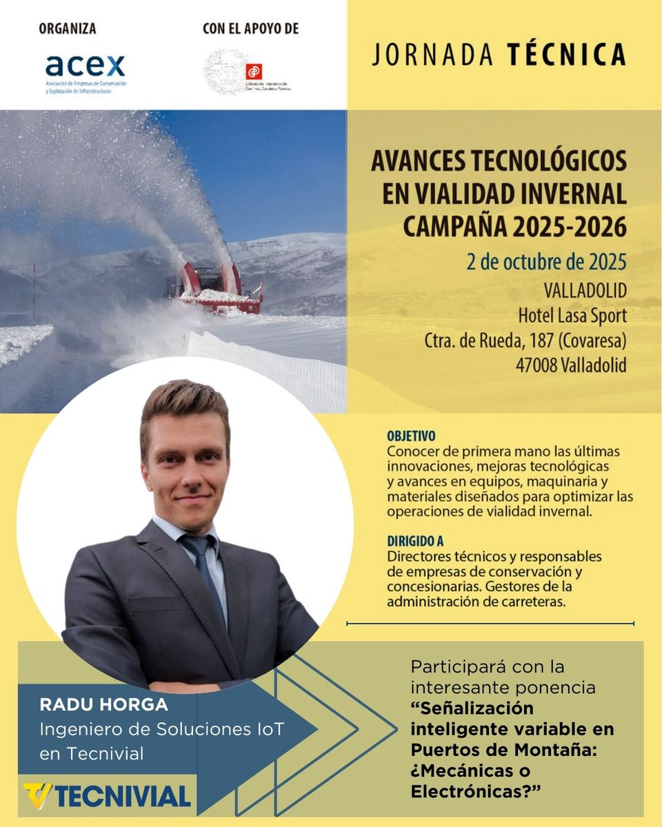 📢¡Inscripciones hasta el 25/09!
#Tecnivial participará en la "Jornada Técnica Avances Tecnológicos en #VialidadInvernal 25-26"❄️de <a href="/acex_asociacion/">Acex</a>.
✅Imprescindible para profesionales del sector de carreteras, conservación y concesionarias.
¡Inscríbete!👉acex.eu/jornada-tecnic…