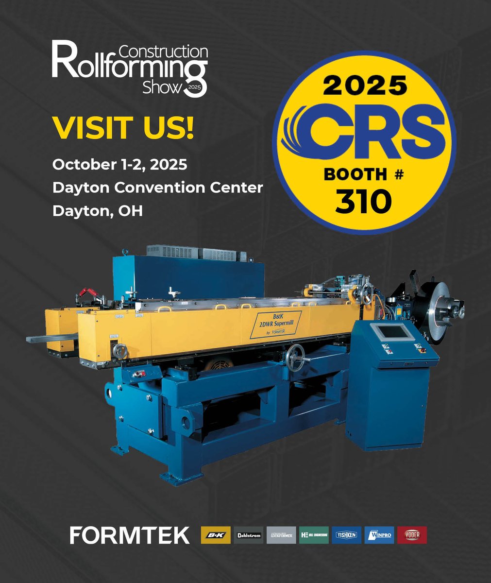 formtekgroup's tweet image. ⏳ Only 1 week until #ConstructionRollformingShow2025 
Formtek will be in booth 310 from Oct 1–2 in Dayton, OH.
Let’s talk roll forming solutions for the construction industry.

📍 Dayton Convention Center

🔗 hubs.la/Q03rRDZX0
 #rollformingmachine #rollformingmachines