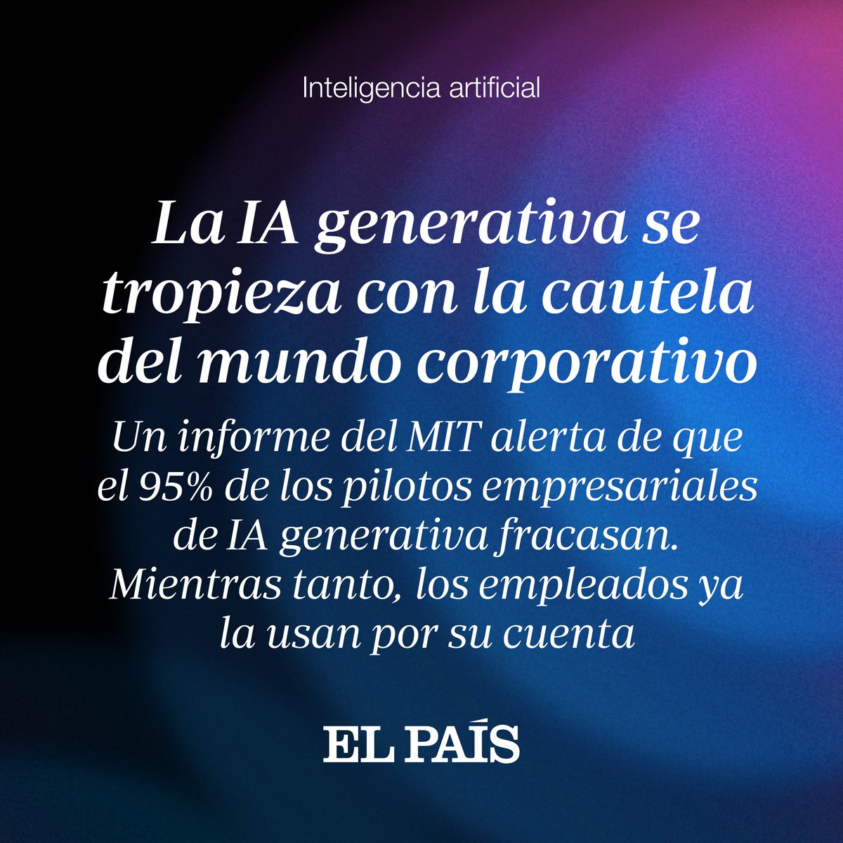 El 95% de los proyectos piloto de #IAGenerativa fracasan en las empresas, según el <a href="/MIT/">Massachusetts Institute of Technology (MIT)</a>. 🌐 Mientras tanto, los empleados ya usan <a href="/ChatGPTapp/">ChatGPT</a> por su cuenta. La barrera no es técnica, sino cultural y estratégica. ¿Acelerar o esperar? 🤔 elpais.com/economia/2025-…