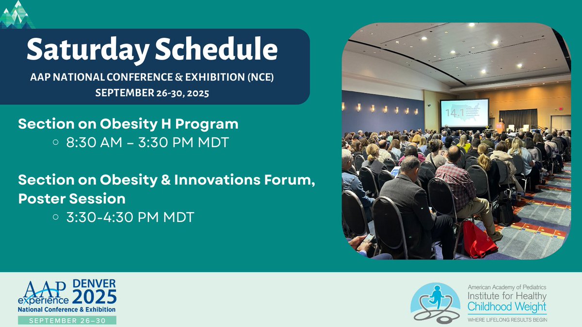 Here's Saturday's rundown of #childhoodobesity sessions for #AAP2025! You don't want to miss the H-program or poster session! Check the conference platform for location, speakers &amp; agenda.