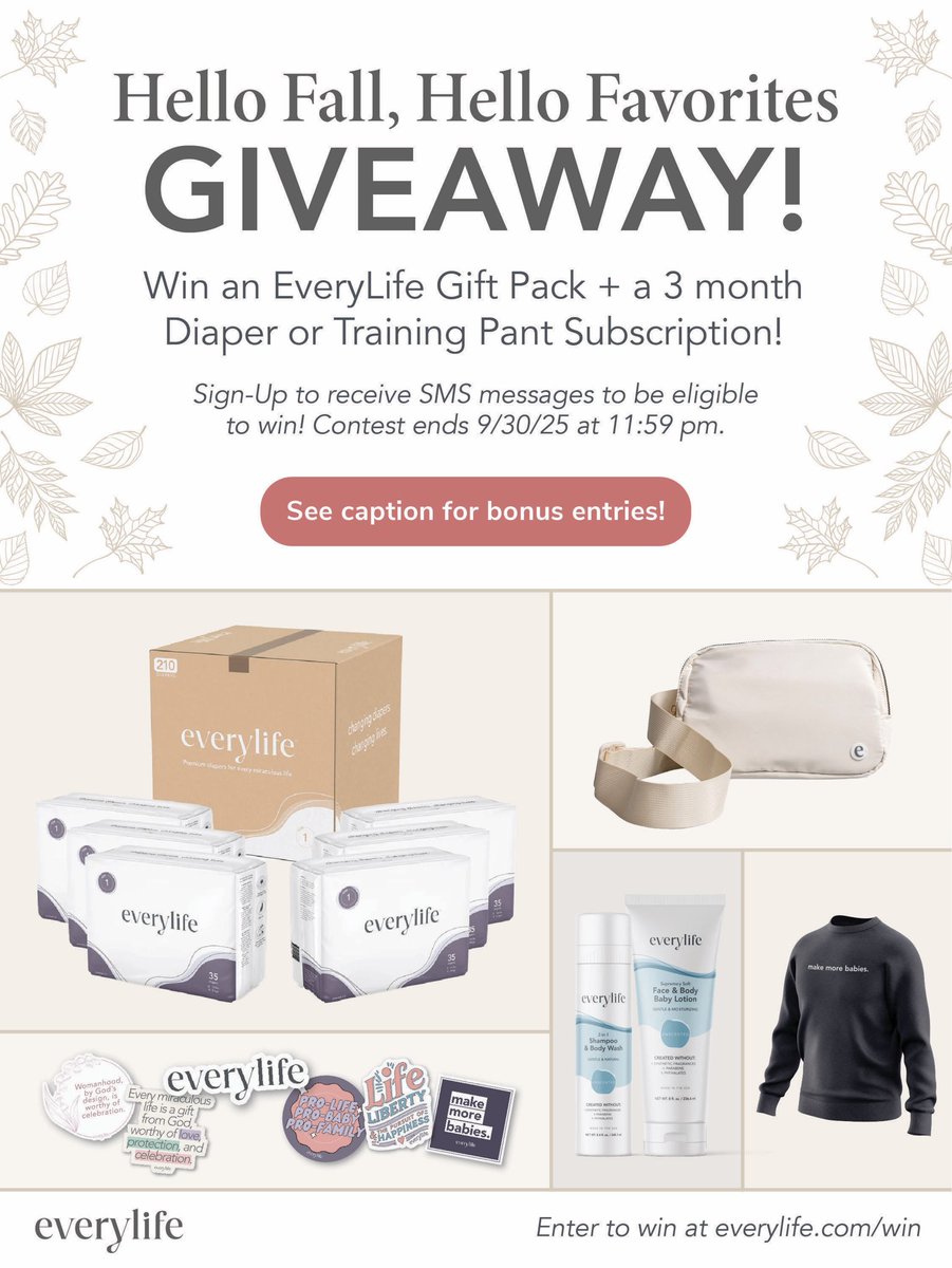everylife's tweet photo. GIVEAWAY! ๐
To celebrate this season with your little pumpkin, weโre giving one grand prize winner the Ultimate EveryLife Bundle!๐
One winner will receive:
โขA 3-month EveryLife diaper or training pant subscription
โขOur best-selling Suds Bundle (wash + lotion)
โขAn EveryLife Belt Bag (your choice of color)
โขA cozy โMake More Babiesโ Crewneck
โขA fun EveryLife Sticker Pack
How to enter:
โ
Sign up for EveryLife SMS at https://t.co/ZGZIQ9zfhY
Want BONUS entries?
๐ Retweet this post = +5 entries
โค๏ธ Like this post = +1 entry
๐ท๏ธ Tag friends = +1 entry per tag
๐คณ Follow @everylife = +2 entries
Entries close 9/30/25 at 11:59pm. Winner will be announced in the comments.
*Open to U.S. residents 18+. Void where prohibited. No purchase necessary. This giveaway is not affiliated with or endorsed by X. One winner will be selected from all entries across email and social platforms combined.