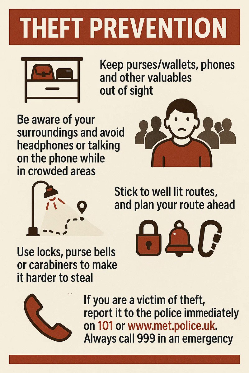 👜 Keep valuables out of sight
👀 Stay aware &amp; avoid headphones in crowded areas
💡 Stick to well-lit routes
🔒 Use locks, purse bells or carabiners
If stolen, report to Police: 101 / met.police.uk (999 in emergency)
#TheftPrevention #StaySafe