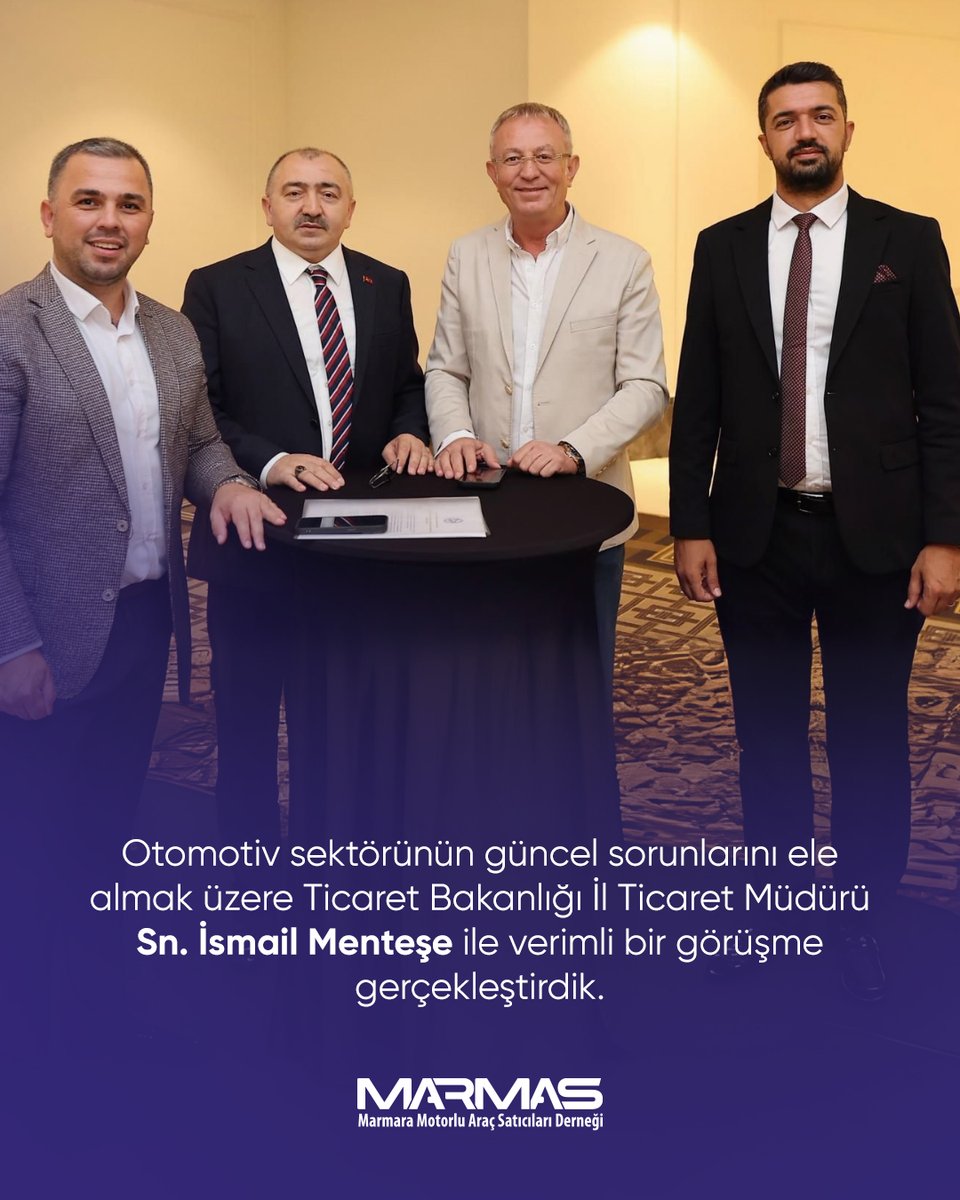 Otomotiv sektörünün güncel sorunlarını ele almak üzere Ticaret Bakanlığı İstanbul İl Ticaret Müdürümüz Sn. İsmail Menteşe ile yapıcı ve verimli bir görüşme gerçekleştirdik.

Görüşmede, özellikle ekspertiz ve garanti sisteminde yaşanan aksaklıklar, güvenli ödeme süreçlerinin