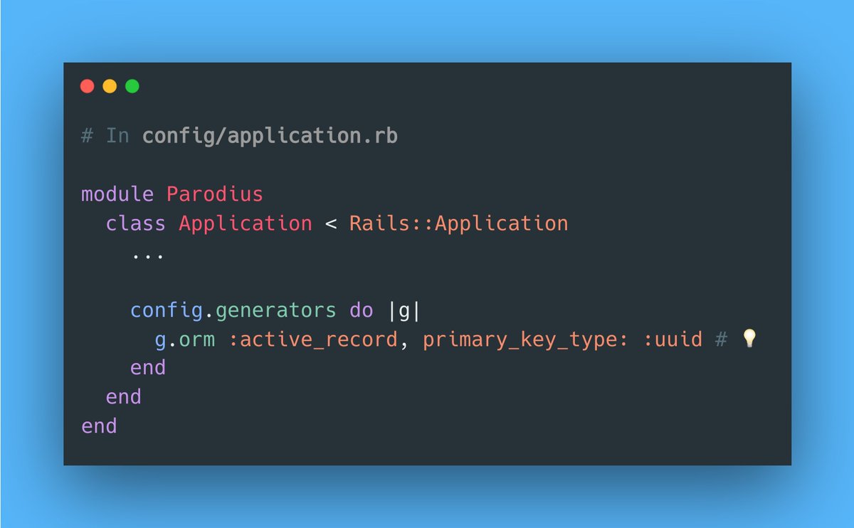 RubyCademy's tweet image. Tired of setting UUID as the primary key in every migration?

Use this simple config and let Rails handle it for you! 🤩

#rubyonrails #activerecord