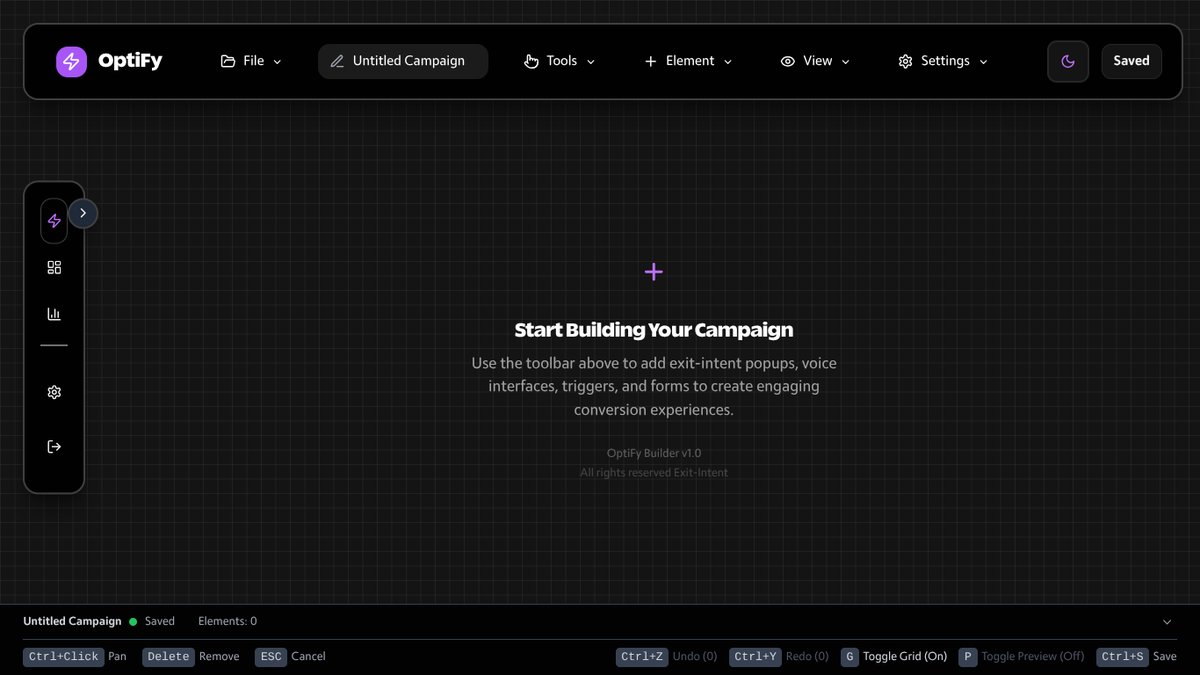 albertfall's tweet photo. Here's a look at the UI for Optify, the exit-intent campaign builder I started building on @Replit. To be continued.

My favorite feats from the project: the floating fixed navbar, infinite multi-directional scrolling (with plenty of open space!), and keyboard shortcuts.

#Replit https://t.co/A1xEk7flho