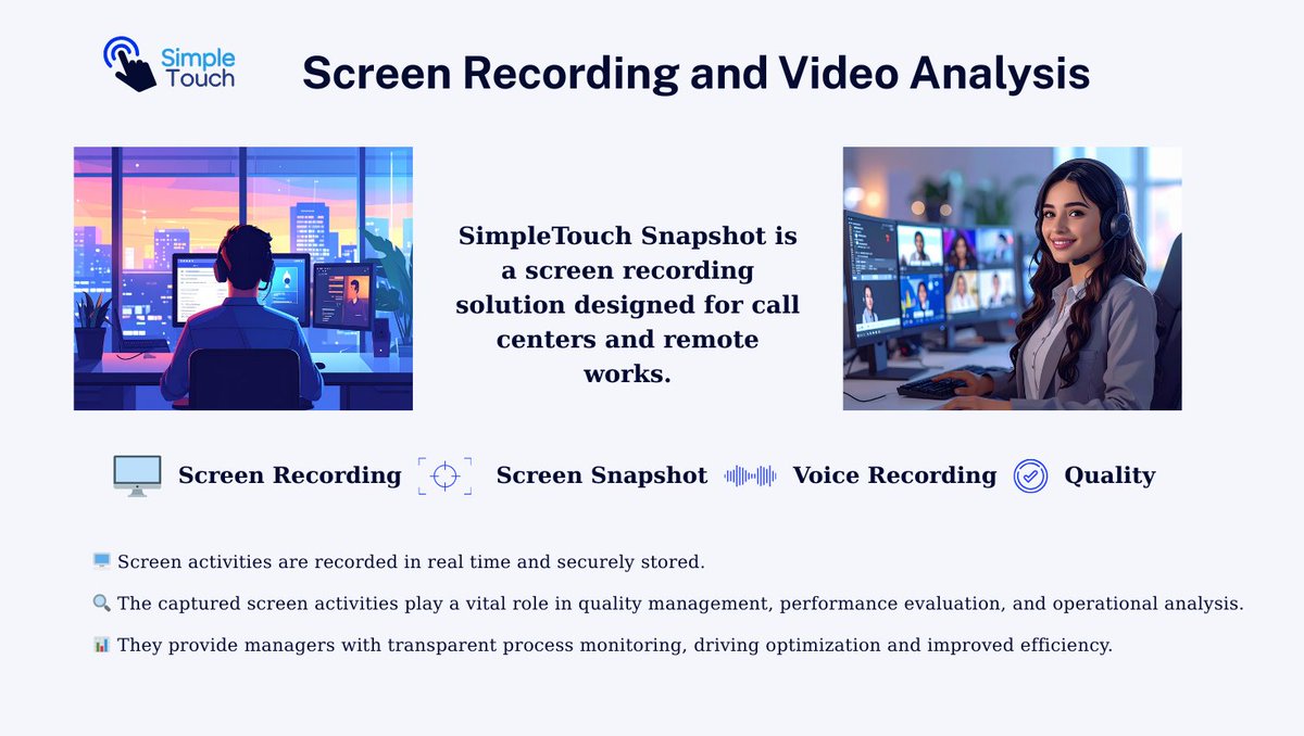 🚀 SimpleTouch Snapshot — Screen Recording and Video Analysis for Call Centers &amp; Remote Work!

🖥️ Screen Recording | 📸 Screen Snapshot | 🎙️ Voice Recording | ✅ Quality

#CallCenter #RemoteWork #AI #ScreenRecording #VoiceRecording #QualityManagement #SimpleTouch #VideoAnalysis