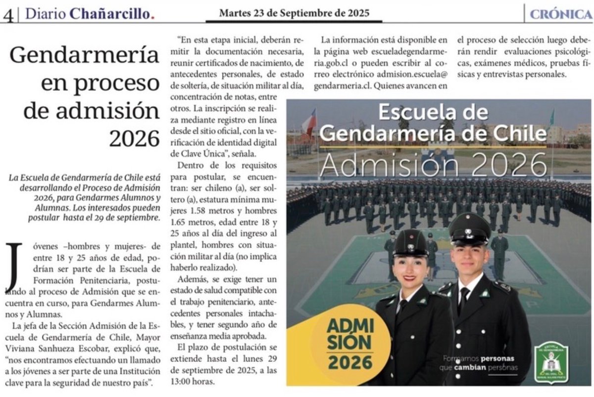 🗞️Diario Chañarcillo destaca en su edición de hoy las inscripciones para la Escuela de Gendarmeria para Gendarme Alumno y Alumna. Plazo hasta 29 de septiembre a las 13 horas.