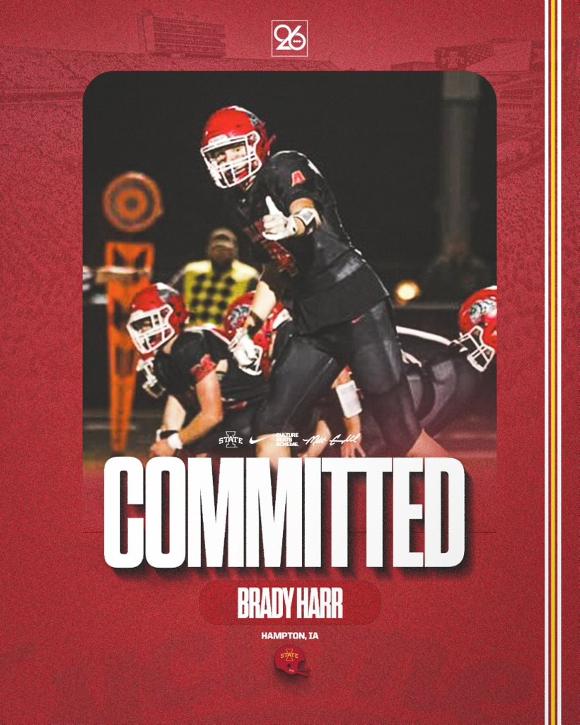 Brady Harr (@bradyh91753) on Twitter photo After some great talks with ISU coaches and staff I am extremely blessed and excited to announce my commitment to <a href="/CycloneFB/">Iowa State Football</a> I am thankful for all family and supporters throughout my football journey and want to thank <a href="/DerekHoodjer/">Derek Hoodjer</a> <a href="/T_Mouser/">Taylor Mouser</a> <a href="/ISUMattCampbell/">Matt Campbell</a> for this opportunity! After some great talks with ISU coaches and staff I am extremely blessed and excited to announce my commitment to <a href="/CycloneFB/">Iowa State Football</a> I am thankful for all family and supporters throughout my football journey and want to thank <a href="/DerekHoodjer/">Derek Hoodjer</a> <a href="/T_Mouser/">Taylor Mouser</a> <a href="/ISUMattCampbell/">Matt Campbell</a> for this opportunity!