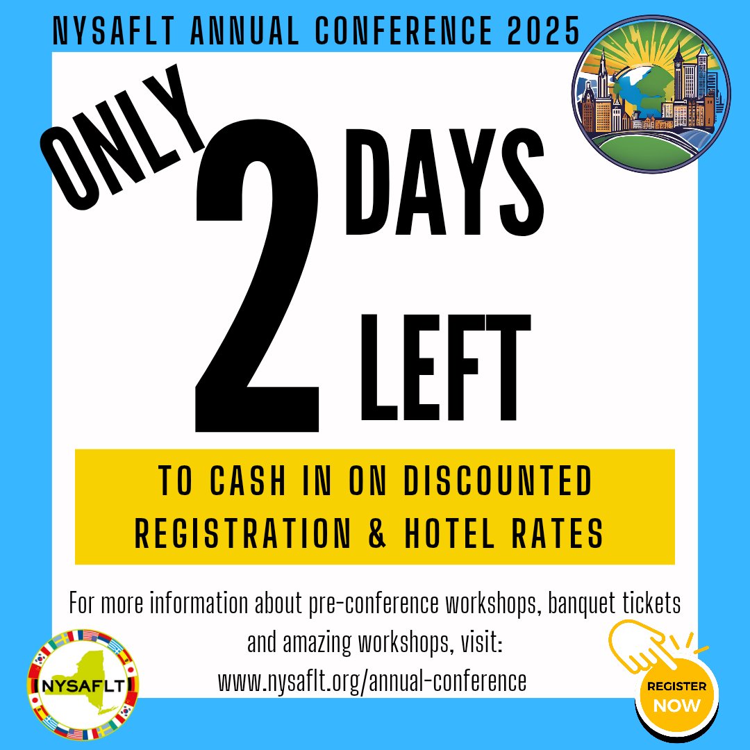 Only two days left to get your discounted rates for Annual Conference. Register today to save on an amazing weekend of learning and connecting with fellow educators. 
nysaflt.org/annual-confere…