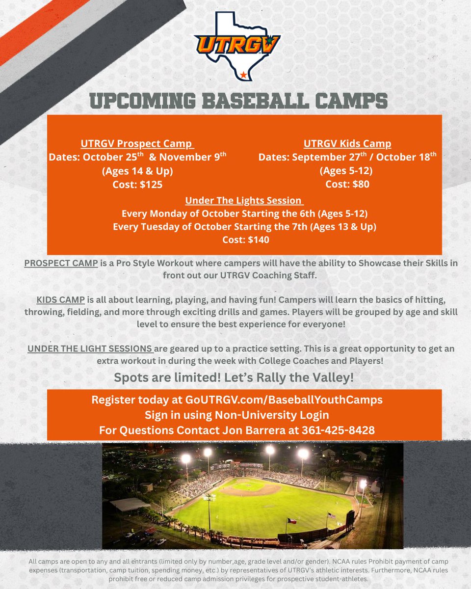 UTRGV Baseball (@utrgvbaseball) on Twitter photo ⚾️The rest of our Fall Camps are here! Here’s our most upcoming camp for this month:
👧🧒 Kids Camp 
📅 Sept. 27
📍 UTRGV Baseball Stadium
💵 $80
#RallyTheValley 
goutrgv.com/sports/2024/4/… ⚾️The rest of our Fall Camps are here! Here’s our most upcoming camp for this month:
👧🧒 Kids Camp 
📅 Sept. 27
📍 UTRGV Baseball Stadium
💵 $80
#RallyTheValley 
goutrgv.com/sports/2024/4/…