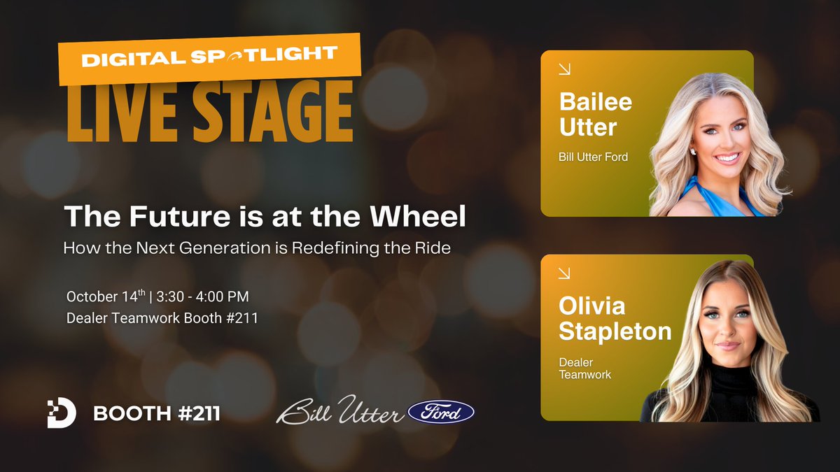 Real talk from real dealers. Digital Spotlight LIVE → <a href="/DigitalDealer/">DigitalDealer</a> 

Leading our reveal: Bailee Utter (<a href="/billutterford/">Bill Utter Ford</a>) with Olivia Stapleton - two next-gen voices on how Gen Z discovers, decides &amp; buys.

Your front row seat awaits at booth #211. We'll see you there.