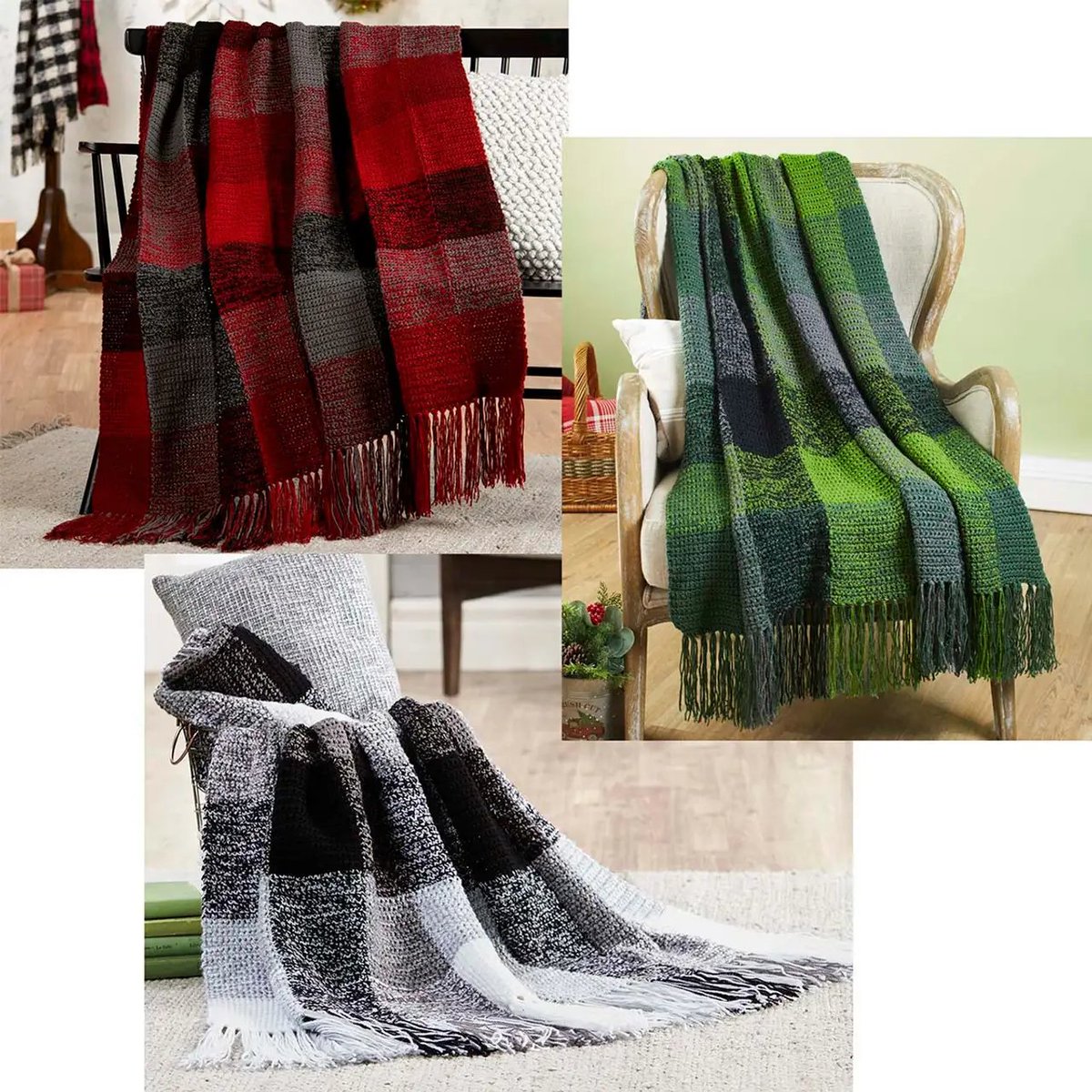 Is there anything more classic than a gorgeous wintery plaid blanket? 😍 Crochet your own with this kit! crochetenvy.com/product/holida… #crochet #crochetkits