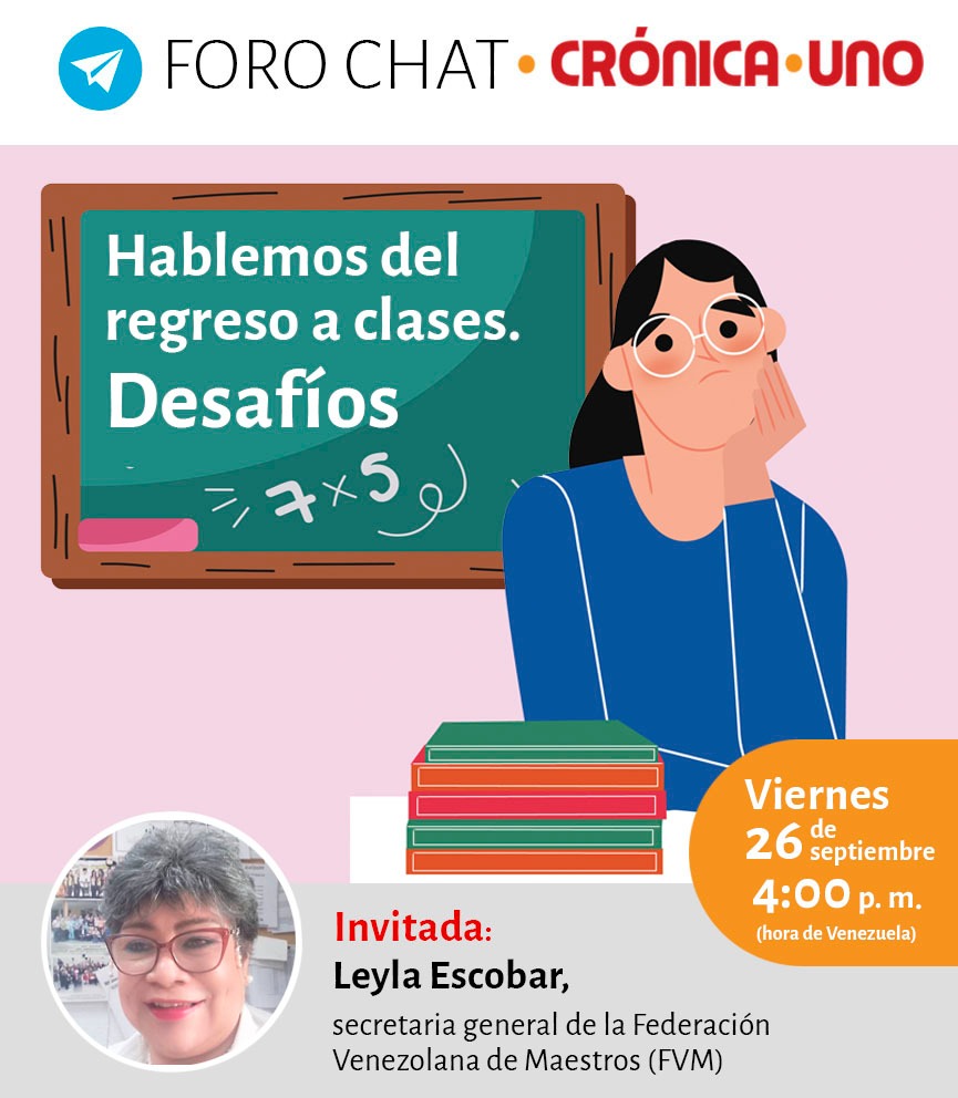 Gracias profesora <a href="/leylaescoser/">leyla Escobar</a> por apoyarnos para este foro-chat del  #26Sep   «Hablemos del regreso a clases. Desafíos».  
 
¡Conéctate con nosotros a las 4:00 p.m. (hora de Venezuela)!

Sigue este enlace para unirte al grupo de Telegram t.me/forochatcronic…