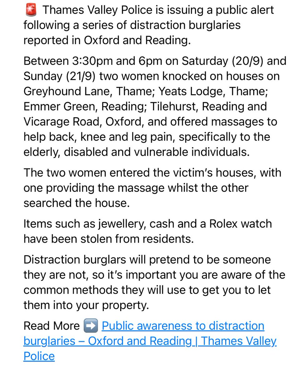 This message from Thames Valley Alert, sent via Neighbourhood Alert: 👇 <a href="/ThamesVP/">Thames Valley Police</a>