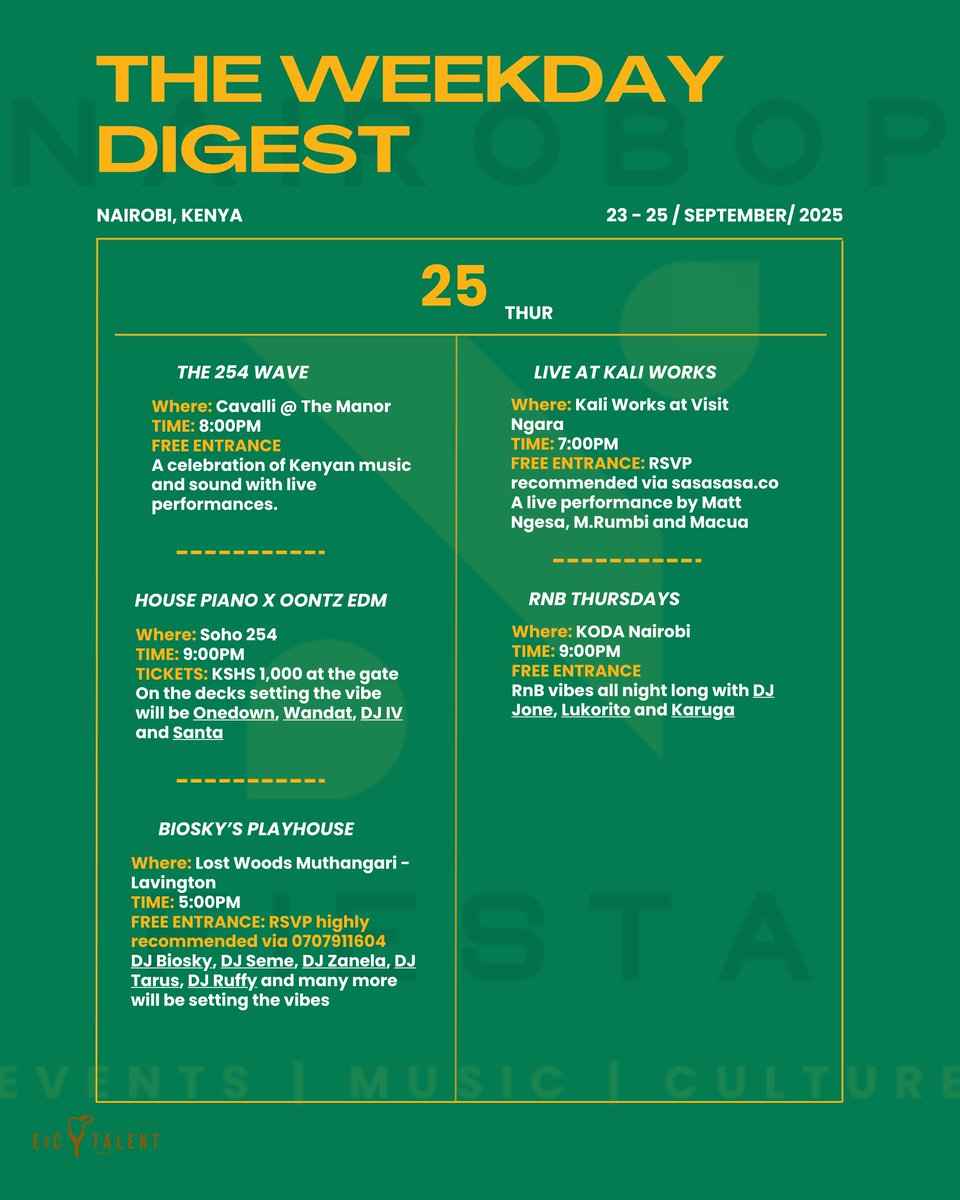 NairoBopFiesta's tweet image. The weekday digest is here! 🚀
Who said the vibes are only for the weekend? Nairobi spots and venues are already setting dancefloor takeovers from Tuesday - Thursday as we gear up for the weekend. 
Pull up 💛
#weekdaydigest #NBF #nairobievents #whattodoinnairobi