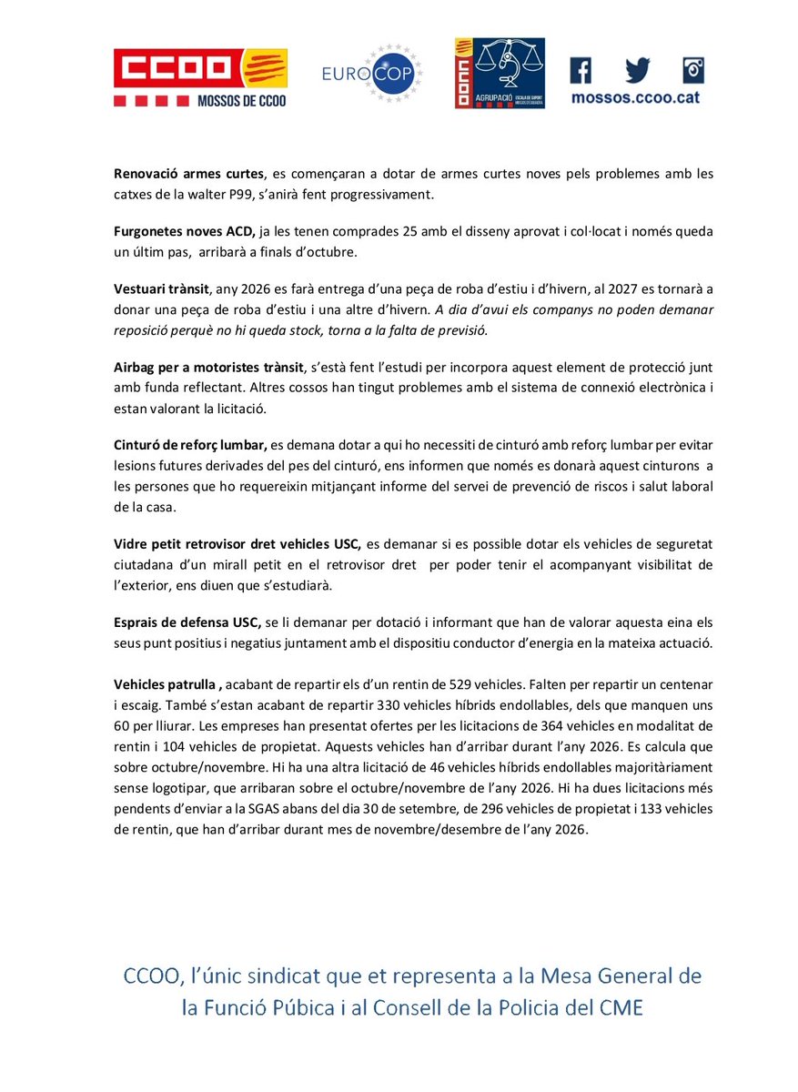 Bones companys i companyes us deixem tota la info de l'última reunió amb la subcomissió de material.
<a href="/CcooMossos/">MossosCCOO</a> l'únic sindicat que et representa al consell de la policia i la mesa general de la funció pública.