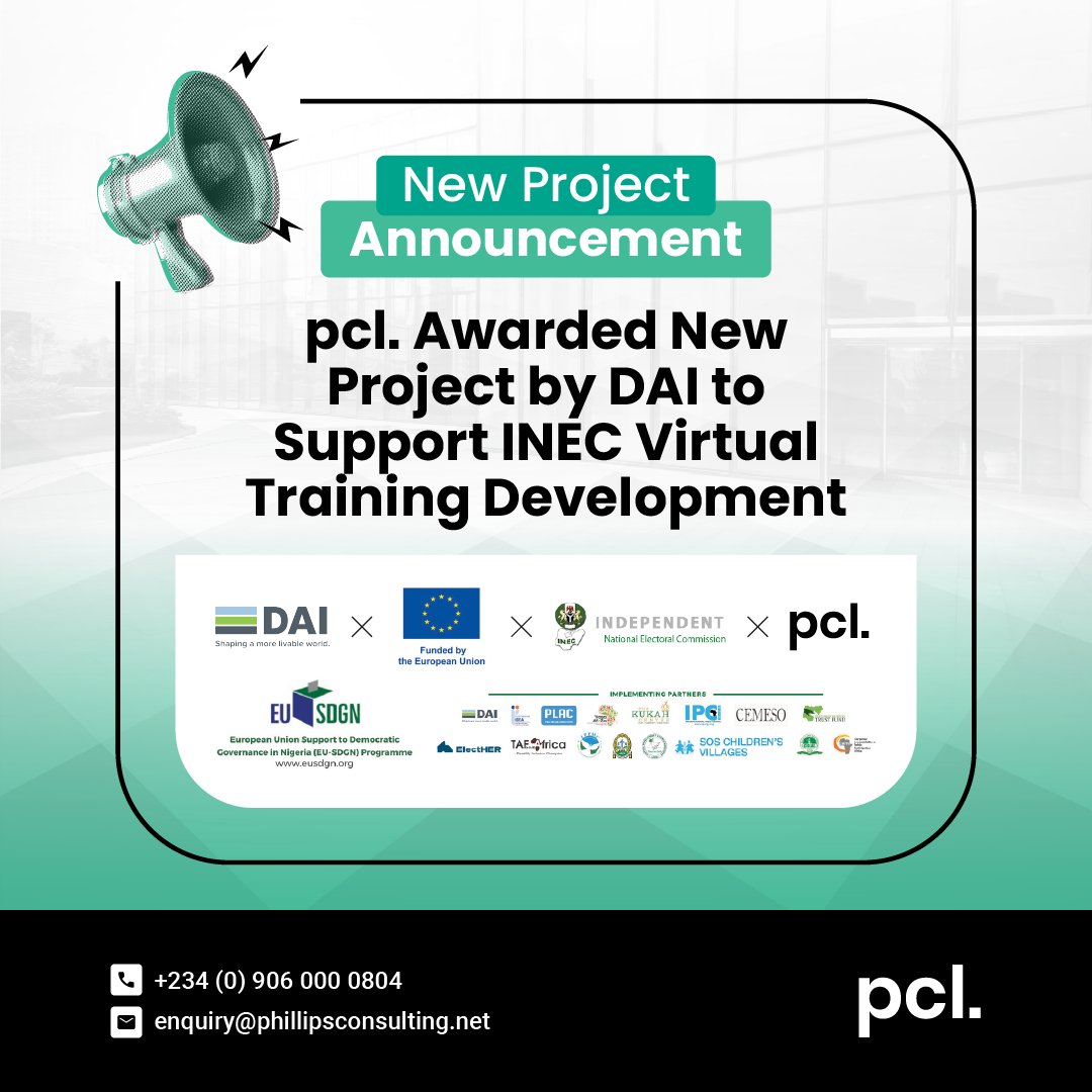 We’re proud to announce that pcl. has been selected by <a href="/DAIGlobal/">DAI</a>  to partner with <a href="/inecnigeria/">INEC Nigeria</a> on a one-year project to design and deliver virtual training &amp; capacity-building initiatives nationwide. 
#pcl #phillipsconsulting #INEC #CapacityBuilding #Governance
