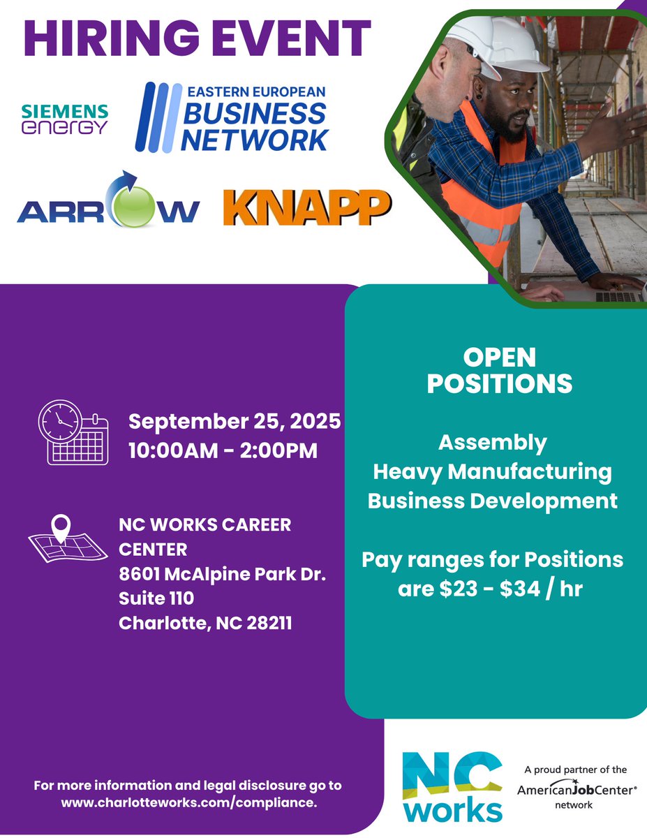 CharlotteWorks's tweet image. 🚨 Hiring Event Alert! 🚨
Join us for a hiring event on 9/25! 
Openings in Assembly, Heavy Manufacturing, and Business Development with pay from $23-$34/hr.
🗓️ 10 AM - 2 PM 📍 @NCWorks_CLT 
 #Hiring #Jobs #WorkforceDevelopment