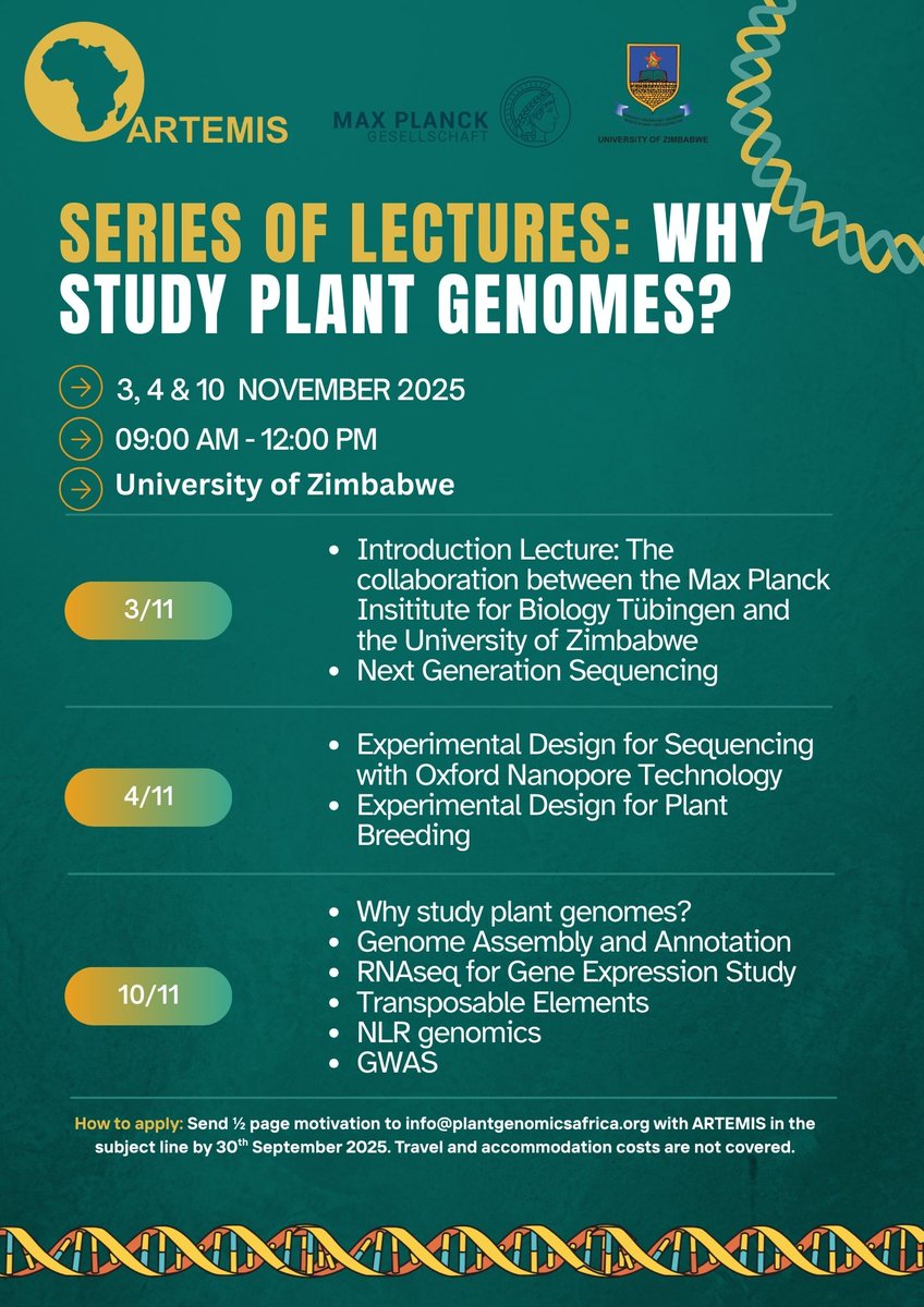 Patience Chatukuta @drpchronicles.bsky.social (@drpchronicles) on Twitter photo 📢Are you interested in plant genomics?
📢Will you be in Zimbabwe this November? 
🫵Apply to attend the #ARTEMIS Bridging Minds Workshop at the University of Zimbabwe. 
Our fantastic PhD researcher, Catarina Lino, will be leading the workshop.
#africanplantgenomics #plantgenomics 📢Are you interested in plant genomics?
📢Will you be in Zimbabwe this November? 
🫵Apply to attend the #ARTEMIS Bridging Minds Workshop at the University of Zimbabwe. 
Our fantastic PhD researcher, Catarina Lino, will be leading the workshop.
#africanplantgenomics #plantgenomics