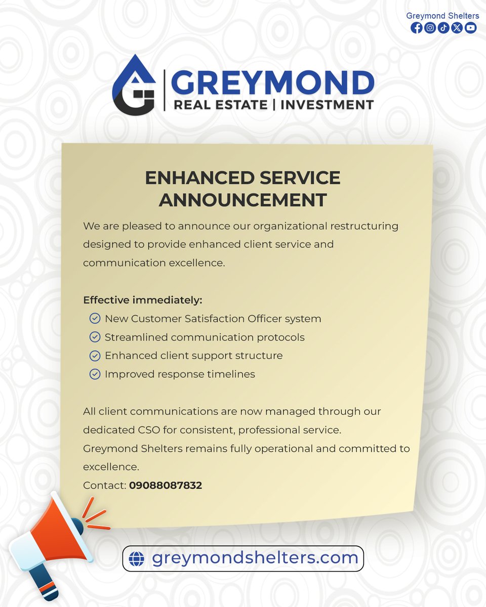 Greymondshelter's tweet photo. 📢 Official Statement from Greymond Shelters #GreymondShelters #ClientExcellence #ServiceEnhancement #realestate #realestateabuja https://t.co/07kWsky0ZQ