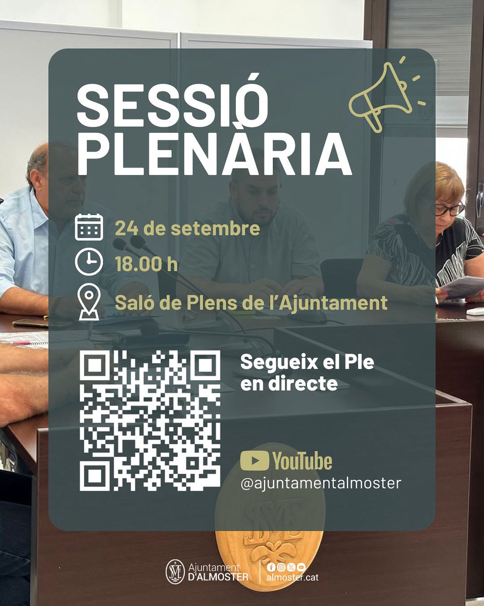 📢 #ATENCIÓ | Us informem que el dimecres 24 de setembre a les 18 hores al Saló de Plens tindrà lloc un Ple Ordinari. Podreu seguir-lo en directe a través del canal de YouTube.