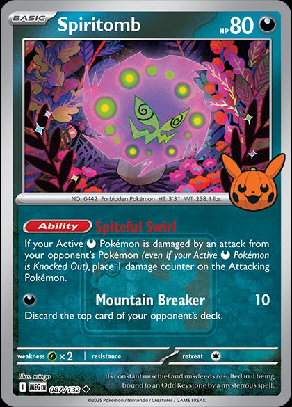 Participating Local Play! Pokmon Stores will hold a Pokween event between  October 131, 2025. Players will receive a Trick or Trade BOOster pack and  Halloween stamped Spiritomb promo card that also features