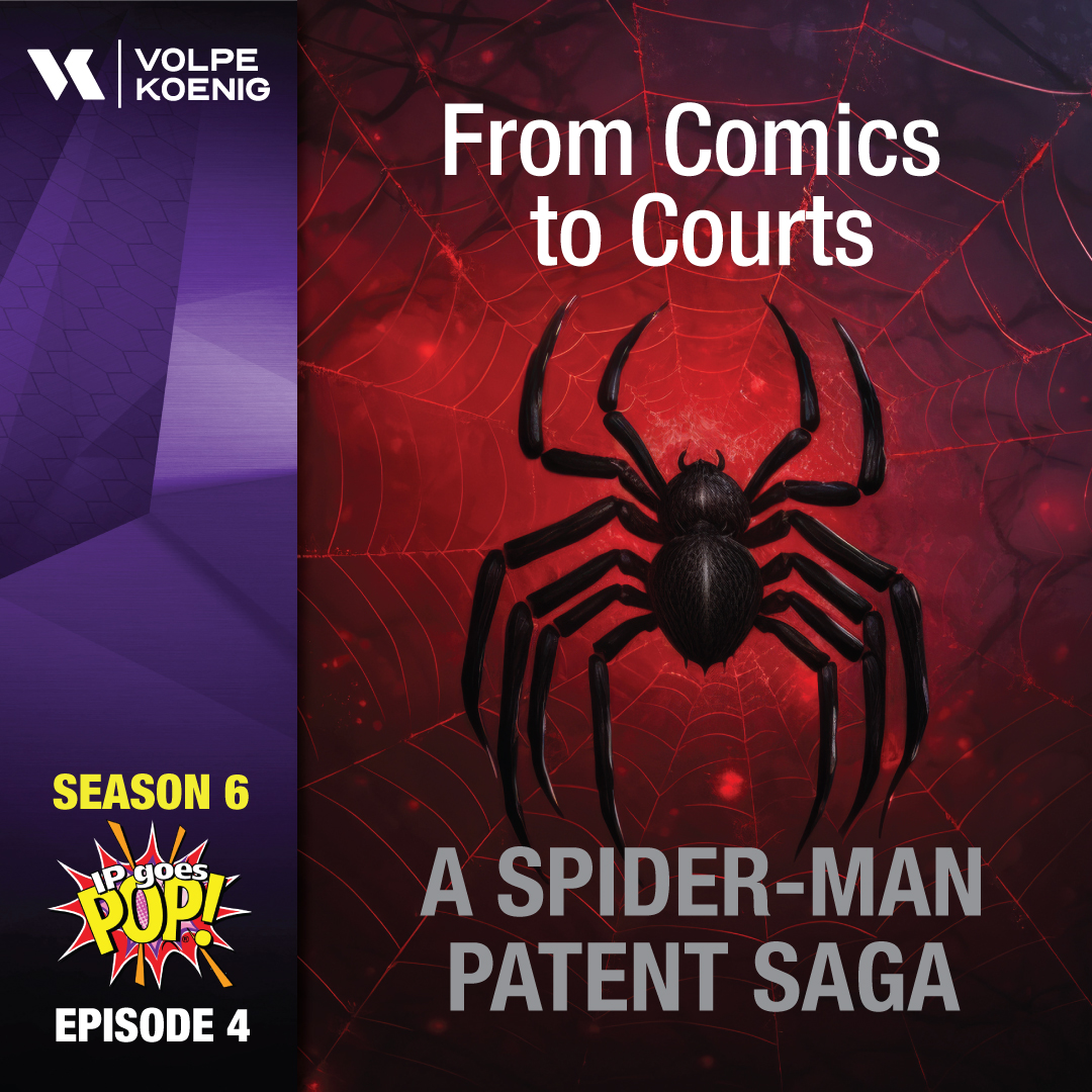 VolpeKoenig's tweet photo. 🕷️ Spider-Man’s biggest battle wasn’t with the Green Goblin, it was in the Supreme Court.

On the latest episode of IP Goes Pop! 🎙️ we explore:
👉Why “Spider-Man” has a hyphen
👉How a web-shooter patent sparked Kimble v. Marvel
👉Lessons for patent licensing &amp; royalties https://t.co/B6ABi5KodP