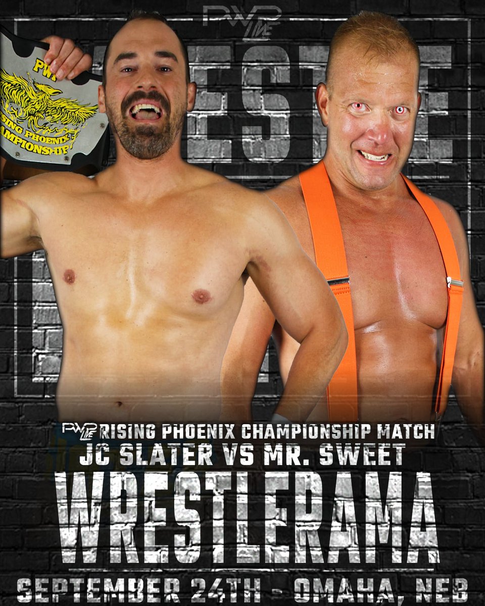 Official for PWP WrestleRama TOMORROW NIGHT September 24th at The <a href="/Waiting_Room/">The Waiting Room</a> Lounge in Omaha, NE:

*** In a huge rematch from last month, "THE RETRO RENEGADE" JC SLATER defends the PWP Rising Phoenix Championship against MR. SWEET!!!
