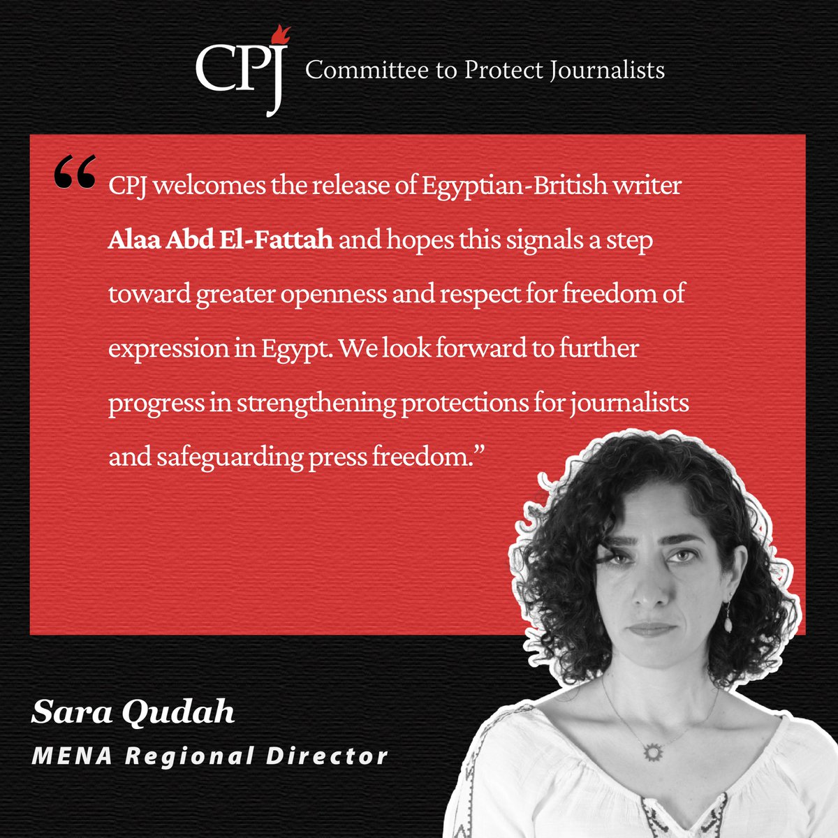 #Egypt:  CPJ welcomes the release of Egyptian-British writer Alaa Abd El-Fattah and hopes this signals a step toward greater openness and respect for freedom of expression in Egypt. We look forward to further progress in strengthening protections for journalists and safeguarding