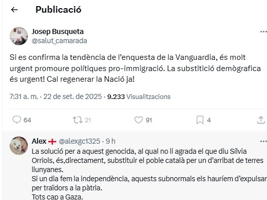 DavidGR1714's tweet photo. L' orbita de la CUP demanant mes immigracio per fer una neteja ètnica i no quedin catalans i ho diuen obertament https://t.co/jqeVgWbmgL