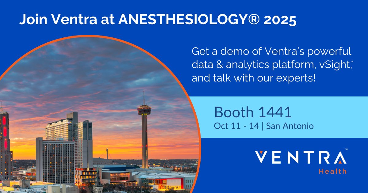 Ventra is heading to San Antonio for #ANES25! Stop by booth 1441 to chat with our #Anesthesia RCM experts, learn about Ventra’s powerful data &amp; analytics platform, and more! Schedule 1-1 time today: hubs.ly/Q03KyrJP0