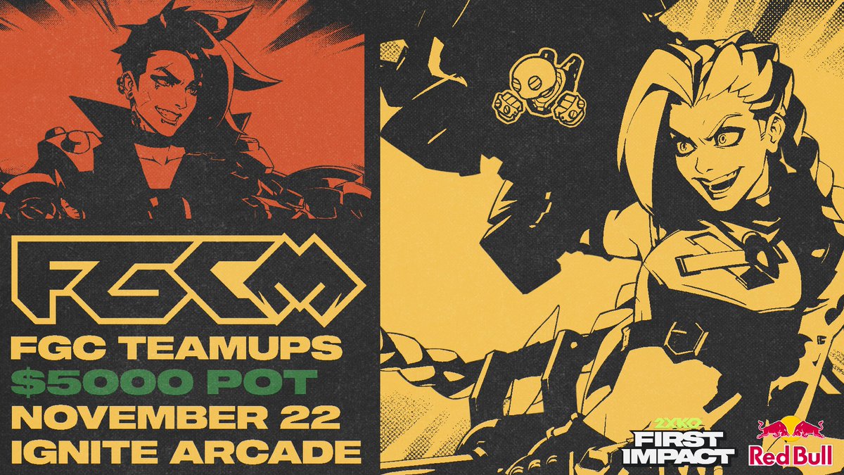 FGC Meetups is teaming up with Riot Games and Red Bull to bring you FGC Teamups!

With a $5000 prize pool for 2XKO and FREE VENUE FEE, we're hoping to give the community the thanks you deserve with an event all about coming together and giving back.

start.gg/fgcteamups