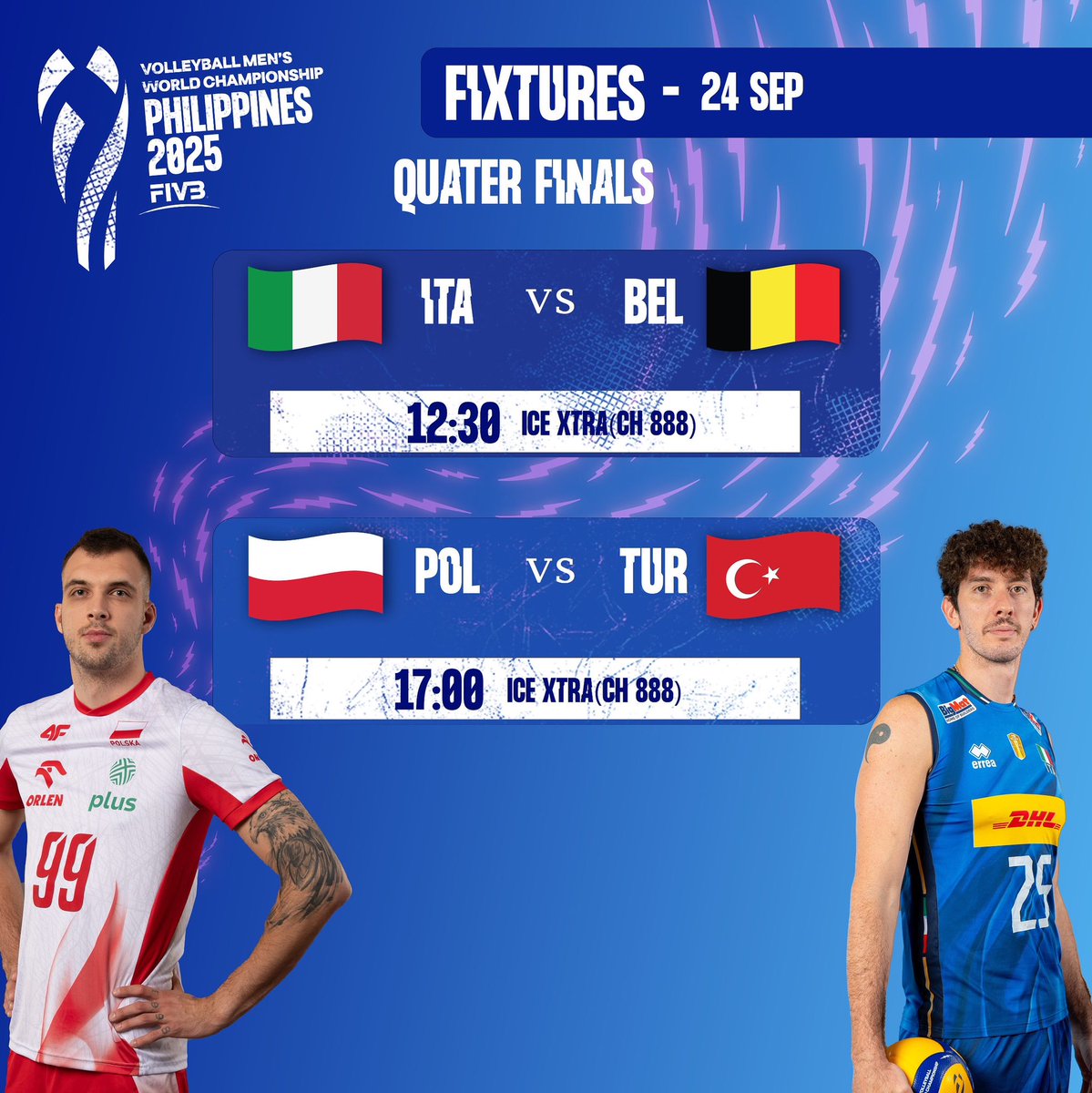 The Men’s Volleyball World Championship 2025 quarterfinals kick off tomorrow! 🏐 

Two thrilling matches — which teams will punch their ticket to the semifinals? 🔥

Don’t miss tomorrow’s action, live only on ICE Network! 📺
