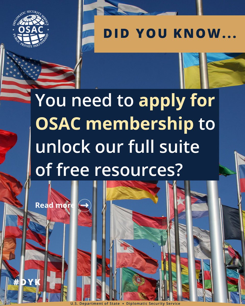 OSACstate's tweet image. Membership is required to access OSAC’s full suite of resources. If you are a security representative of a U.S. organization operating overseas, or U.S. government, military, or law enforcement, visit our website and click &quot;Join Us&quot; to apply now.  

#DYK #GlobalSecurity