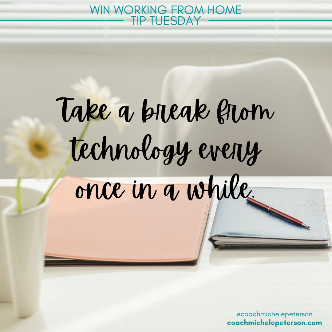 BizCoachMichele's tweet photo. To WIN working from home, take a break from technology every once in a while. For more like this, visit https://t.co/wWOWQ9QqWJ #TipTuesday #WINwfh #workingfromhome #wfhlife #WFH #wfhcoach #productivity https://t.co/axUn9OIQgx