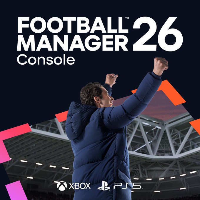 A person in a blue jacket with raised arms, standing in a stadium with visible seating and a field. The text "FOOTBALL MANAGER 26 Console" is prominently displayed at the top in white and orange. Xbox and PlayStation logos are visible at the bottom.