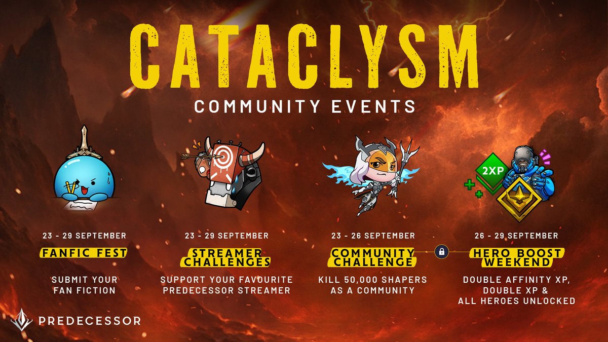 📢 Cataclysm Community Events are LIVE!

🔥 Slay 50,000 Shapers together to unlock the...

✨HERO BOOST WEEKEND✨
With Double Affinity, Double XP and All Heroes Unlocked!

There's more! Check out the link below for all the info 👇