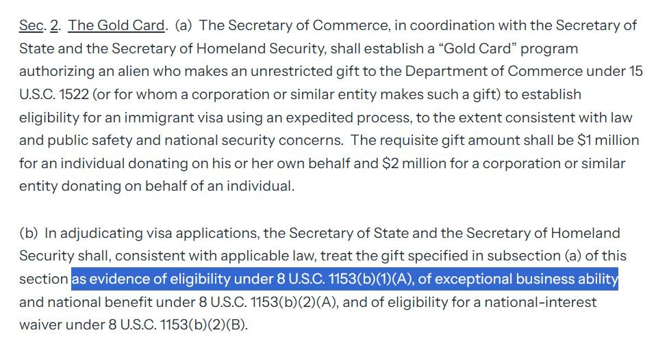 Finally read the full Gold Card EO and wow is it wild. Under this EO, any person who pays $1 million is deemed a person of "exceptional business ability" and therefore qualified for an EB-2 visa.

Does anything better sum up the Trump ethos than "all rich people are exceptional"?