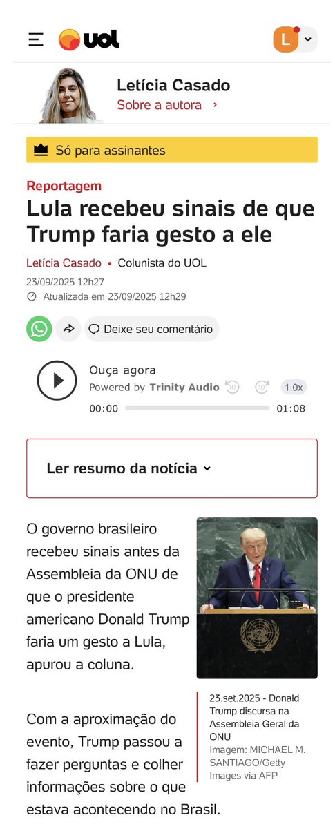 Lula recebeu sinais de que Trump faria gesto a ele

O governo brasileiro recebeu sinais antes da Assembleia da ONU de que o presidente americano Donald Trump faria um gesto a Lula, apurou a coluna

noticias.uol.com.br/colunas/letici…