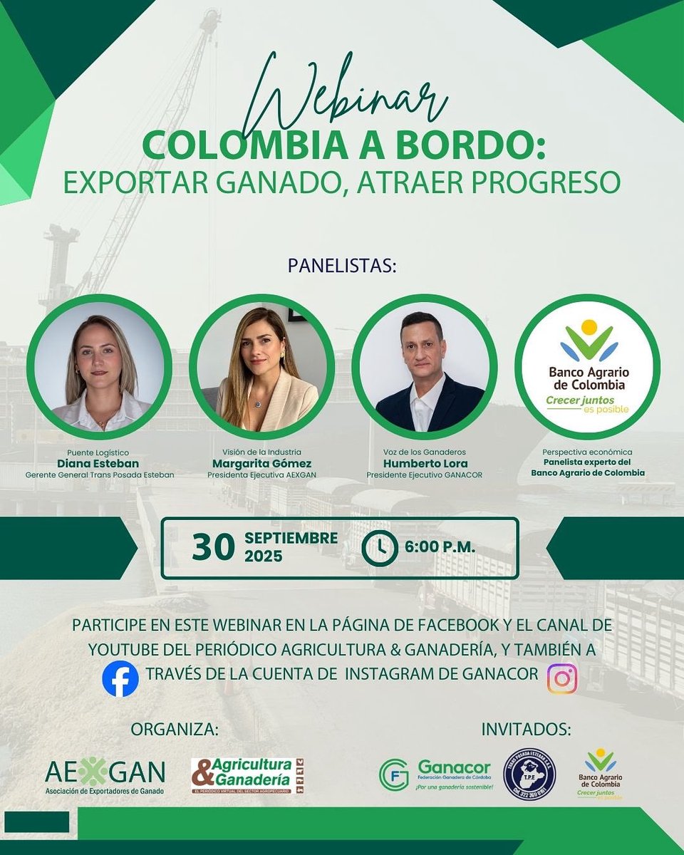 Aexgan's tweet photo. Webinar: Colombia a bordo: exportar ganado, atraer progreso
📆30 de septiembre a las 6:00 p.m.,
➡️Transmisión en vivo por el perfil de facebook del periódico @periodicoayg y la cuenta de Instagram de @ganacor https://t.co/ikIPfAIwDs