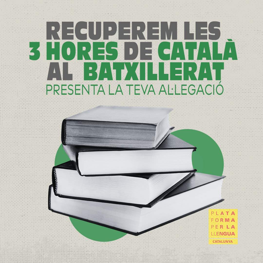 💥 Hem presentat al·legacions al decret de batxillerat de Catalunya per recuperar les 3 hores de classe de català, i animem tothom a fer-ho. El termini acaba aquest divendres 26 de setembre!

Com ho pots fer? T'ho expliquem a plataforma-llengua.cat/batxillerat! 📝