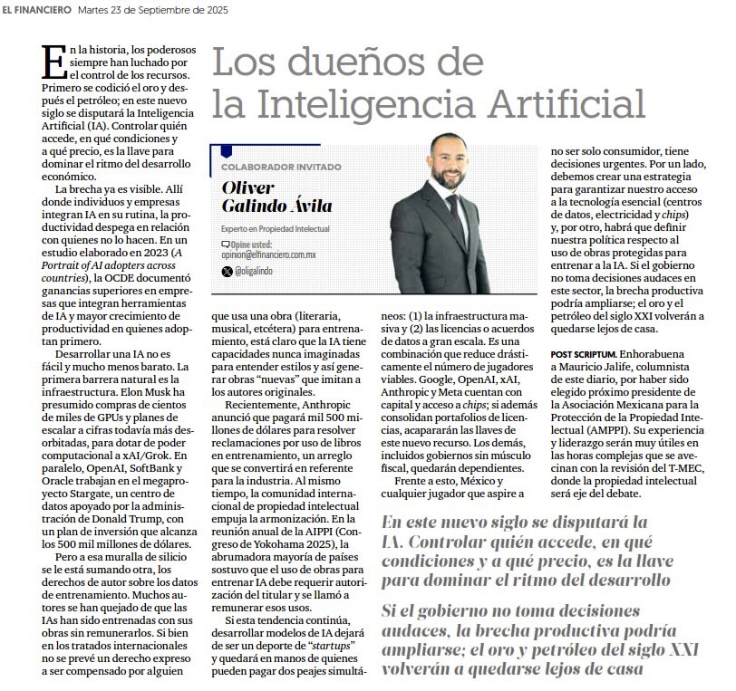 ¿Quiénes serán los dueños de la #IA? No serán los genios emprendedores, sino quienes puedan pagar los acuerdos millonarios para usar obras protegidas para entrenar a sus modelos, como demuestra el caso de <a href="/AnthropicAI/">Anthropic</a>. En este artículo para <a href="/ElFinanciero_Mx/">El Financiero</a>  desgloso cómo se van