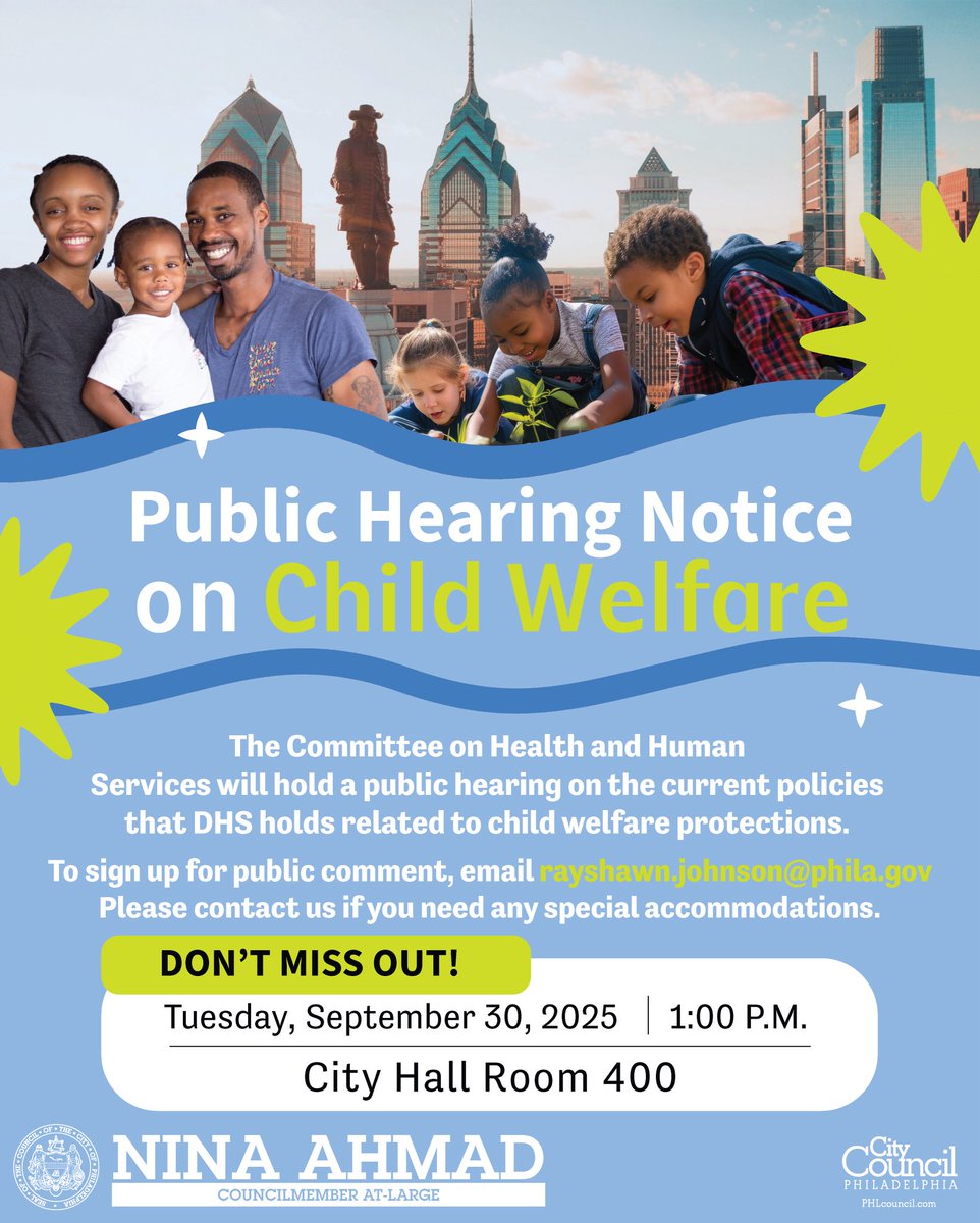 Updated Public Hearing Notice
The Committee on Public Health &amp; Human Services hearing on Child Welfare has been rescheduled to:
📅 Monday, September 30, 2025
🕐 1:00 PM
📍 Council Chamber, City Hall
Join the conversation

#protectchildren #cmahmad #childwelfare